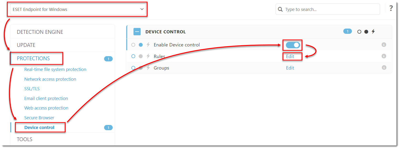 הגדרות Device Control (חסימת התקנים) בממשק הניהול ESET Protect