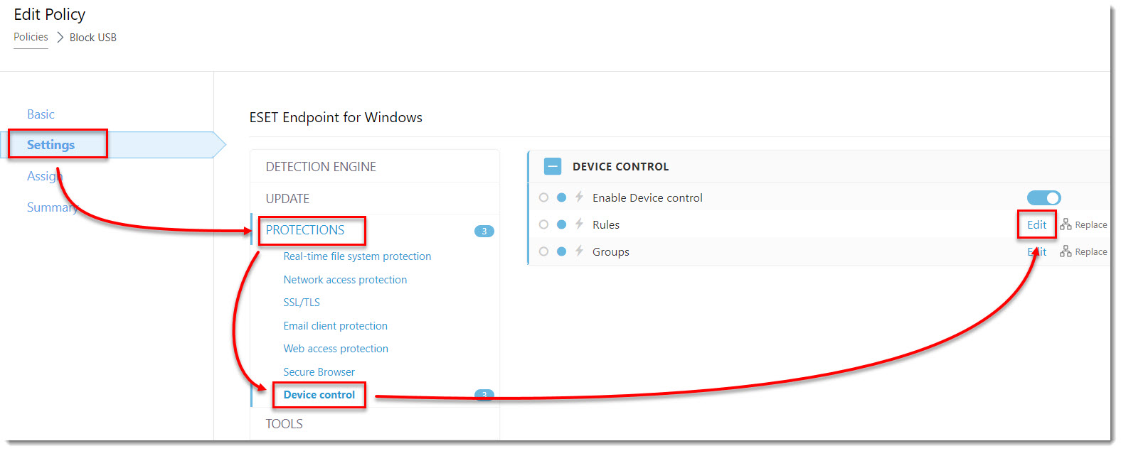 הגדרות Device Control (חסימת התקנים) בממשק הניהול ESET Protect