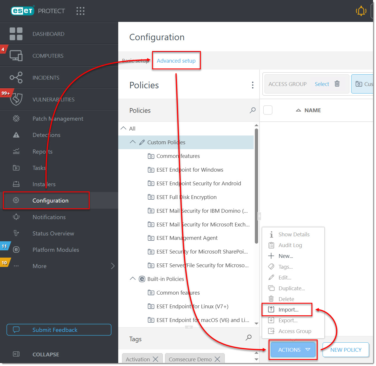 1 configuration project import policy new
